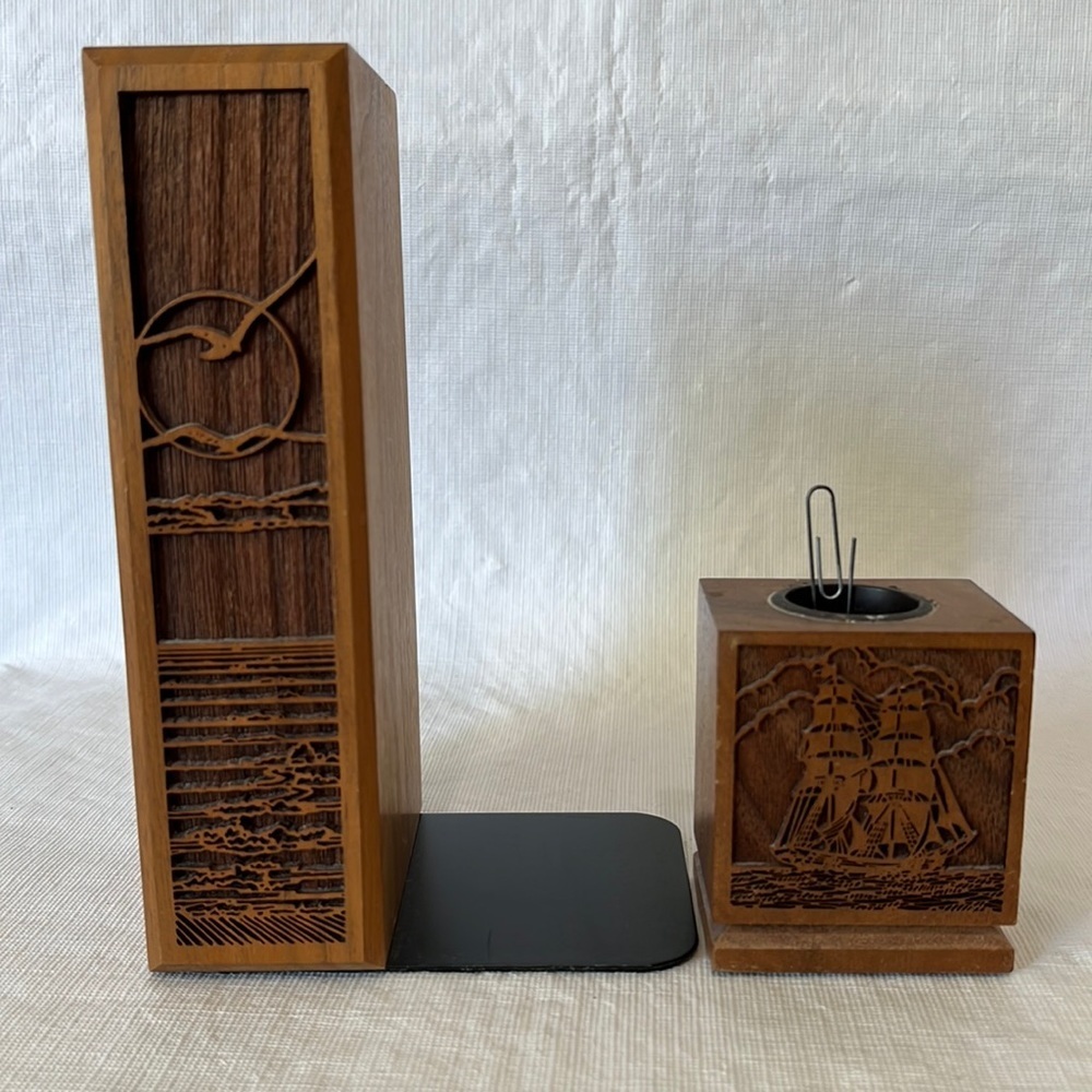 Vintage Lasercraft Walnut Bookend & Paper Clip Holder